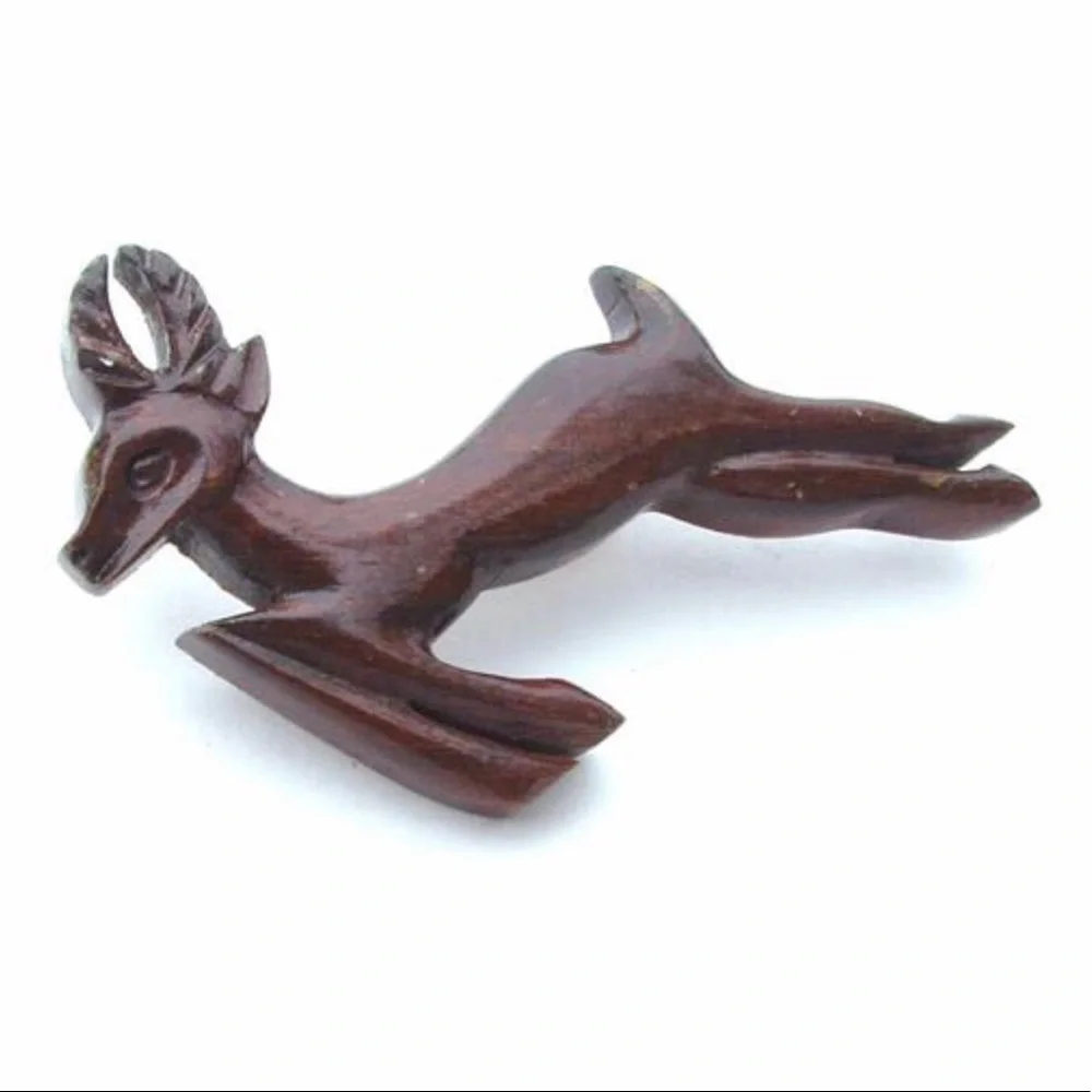 Antique Pin Rustic Hand Carved Wood Deer Brooch